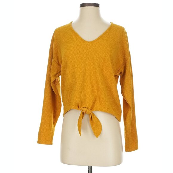 ASTR Women's Top Blouse Crop Tie Hem Mustard Yellow Texture Long Sleeve Size XS - Picture 1 of 6